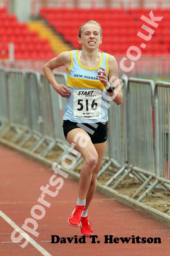 Chloe Loredo (New Marske) wins the Under-17 womens 1500 metres with a championship record, 2012 North Eastern Championships.
